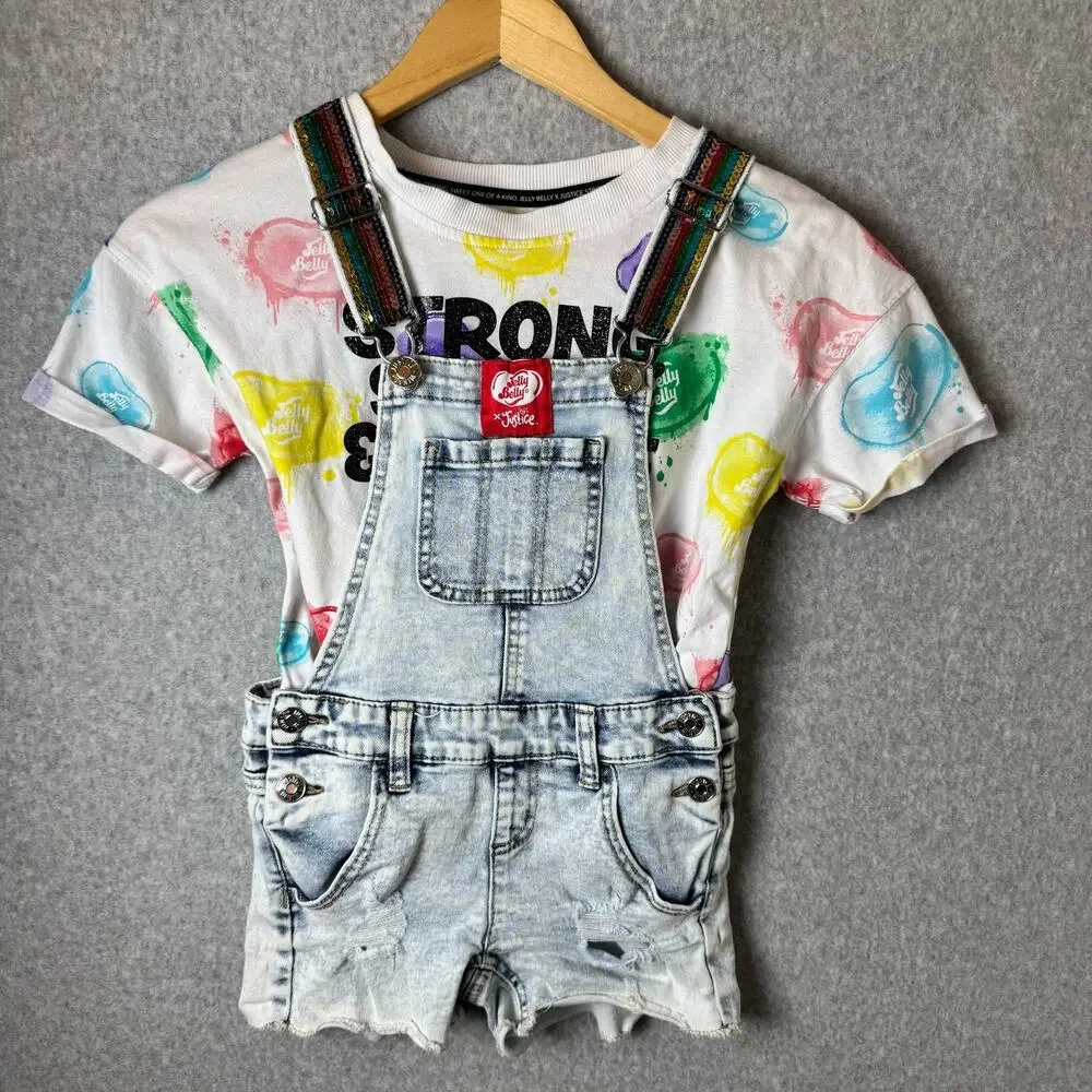 Vintage Justice Overalls & T-Shirt Jelly Belly Girls Size 7 Retro Rainbow Shorts